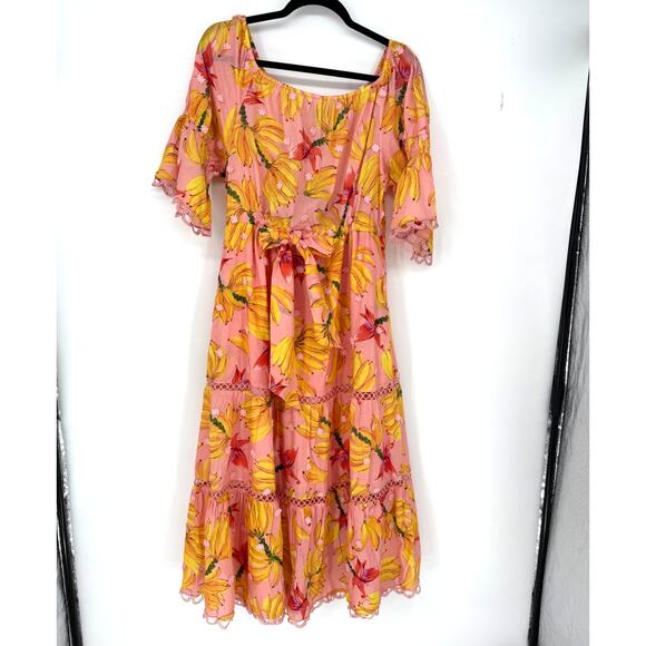 Farm Rio Midi Dress Banana Taste Off The Shoulder Pink Yellow nwt Size Small S - Picture 3 of 9